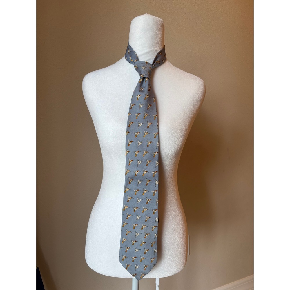 Tiffany & Co Mens Silk Tie Blue Gray Hummingbird Bird Print Made in Italy Luxury